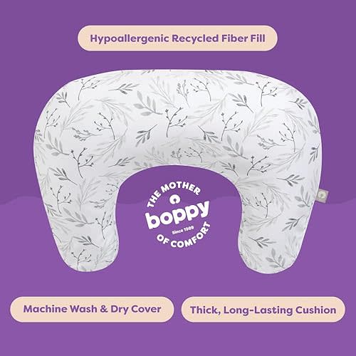 Boppy Nursing Pillow - Ergonomic Bottle & Breastfeeding Pillow with High, Firm, Large Area, Water-Repellent Cushion with Washable Cover; Baby Safety Alliance Verified - Gray Gentle Leaves