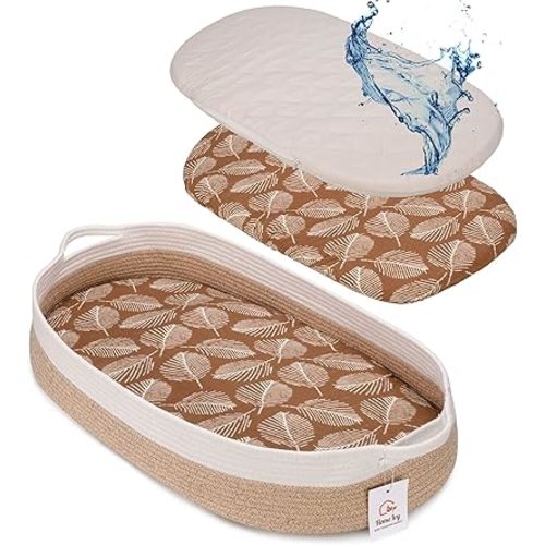 Handmade Baby Changing Basket - Cotton Rope Basket - Moses Basket - with Thick Foam Pad, Removable Waterproof Mattress Cover and Gender-Neutral Muslin Sheet - Diaper Changing Station - Upgraded Design