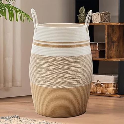Fiona's magic 105L Extra Large Laundry Hamper Basket, Woven Tall Clothes Hamper for Storage Blanket, Toys and Dirty Cothes in Bedroom and Living Room Organizer, Yellow & White