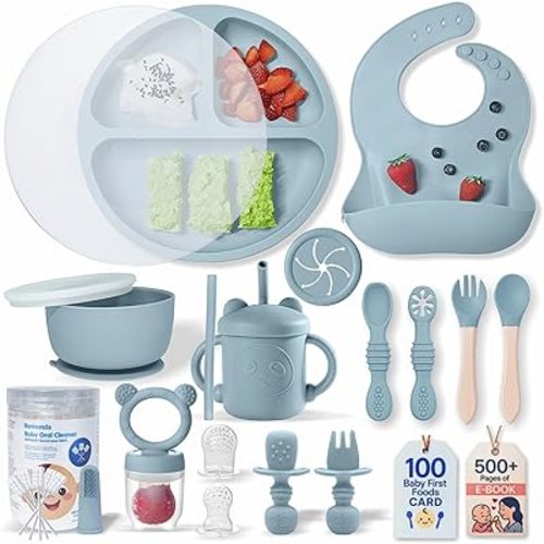 Remonda 23-Piece BPA-Free Silicone Baby Feeding Set | Extra Large Suction Plates, Toddler Bowls, Self Feeding Spoons, and More | Dishwasher Safe| Baby Led Weaning Supplies(Blue)