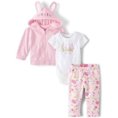 The Children's Place Baby Girl's and Newborn Easter 3-Piece Zip Up Hoodie, Short Sleeve Bodysuit, and Pant