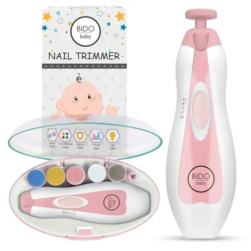 BİDO Baby Nail Trimmer File Electric-Safe Baby Nail Clippers,Manicure Kit for Newborn Toddler and Kids,12 Grinding Heads and LED Light, Pink or Blue (Pink)