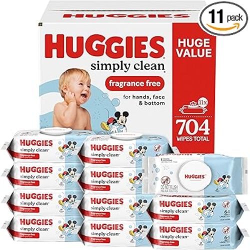 Huggies Simply Clean Unscented Baby Diaper Wipes, 11 Flip-Top Packs (704 Wipes Total), Packaging May Vary