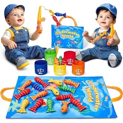 JoyCat Fishing Games for Toddlers 1-3, Montessori Toys for 1 Year Old Boy, Color Sorting Sensory, Number Counting,23PCS Baby Fish Toy Set, Easter Basket Stuffers, Birthday Gifts for 1+ Boys Girls