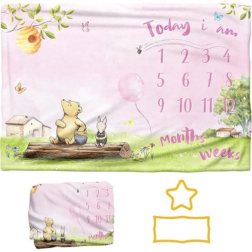 Baby Milestone Blanket Pink Classic Winnie Monthly Milestone Blanket for Baby Girl Bear Soft Touch Photography Background Photo Backdrop for Newborn Baby Growth Chart 60" X 40"