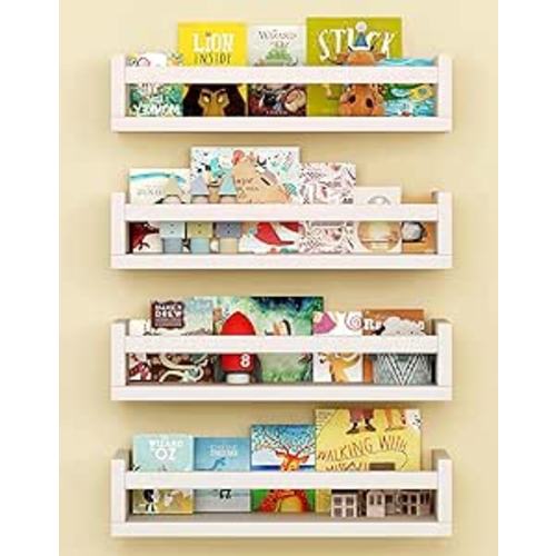 Set of 4 Wall-Mounted Kid's Bookshelf - White Floating Nursery Book Shelves - Durable Wood Construction - Ideal for Nursery Decor, Kids Room, Toy Storage