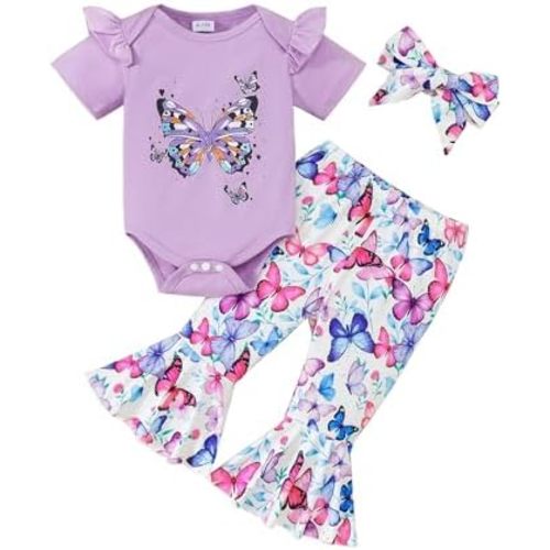 SUNNY PIGGY Baby Girl Clothes Newborn Infant Ruffle Romper Butterfly Floral Cotton Pants Set Girls Clothing Outfit