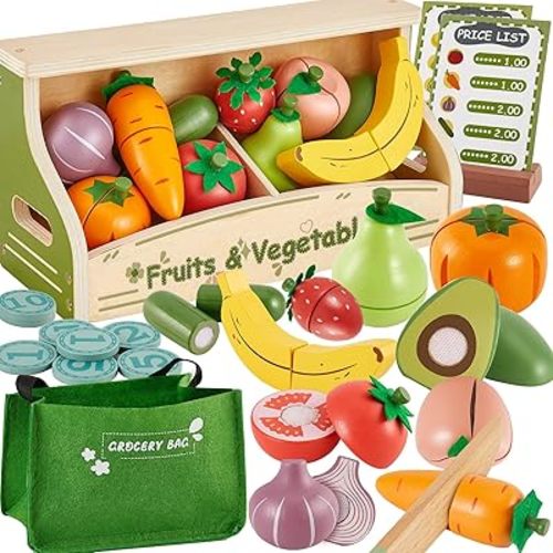 BUYGER Pretend Play Food Sets for Kids Kitchen, Wooden Cutting Toy Food Counter Fruit and Vegetable Kitchen Accessories Play Grocery Store Gifts for 18+ Months 2 3 4 5+ Year Olds Kids Toddler