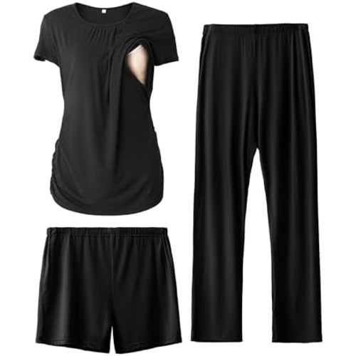 SUNNYBUY Womens Maternity Nursing Pajamas Set, Short Sleeve Breastfeeding Shirts，Pregnancy Shorts & Pants 3 Piece Nursing PJS
