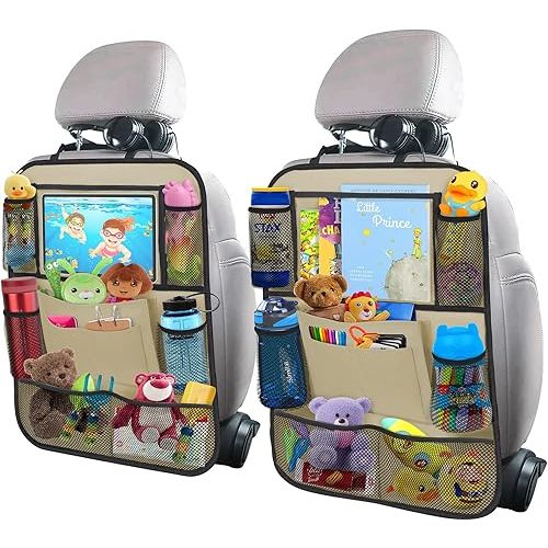 Car Backseat Organizer with 11" Table Holder, 10 Storage Pockets Seat Back Protectors Kick Mats for Kids Toddlers, Travel Accessories, 2 Pack, Beige