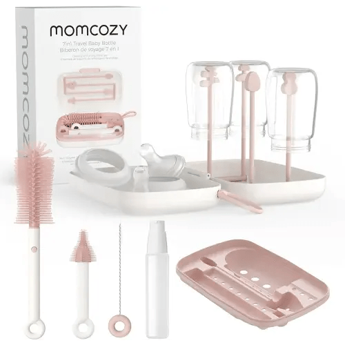 Momcozy Bottle Brush Set - Baby Bottle Cleaner Kit with Silicone Brush, Nipple Brush, Straw Brush, Soap Dispenser, Drying Rack - 7 in 1 Bottle Cleaning Tool for Home and Travel, Pink