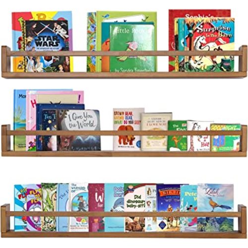 AZSKY Light Walnut Nursery Book Shelves 36 in Floating Wall Mounted Bookshelf Kids Room Hanging Shelves Toddlers Toys Books Storage Organizer a Set of 3