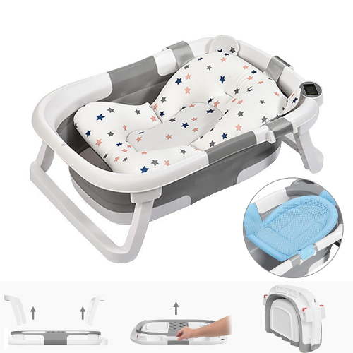 Collapsible Baby Bathtub,Baby Bath Tub with Soft Cushion & Thermometer,Baby Bathtub Newborn to Toddler 0-36 Months,Portable Travel Baby Tub,Gray