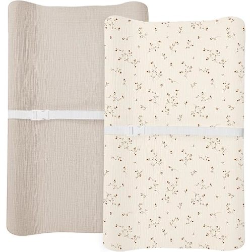 Changing Pad Cover for Baby Boy Girl 2 Pack, Muslin Changing Table Pad Covers with Boho Style, Neutral Nursery Bedding Essentials Soft and Breathable (Gentle Branches & Beige)