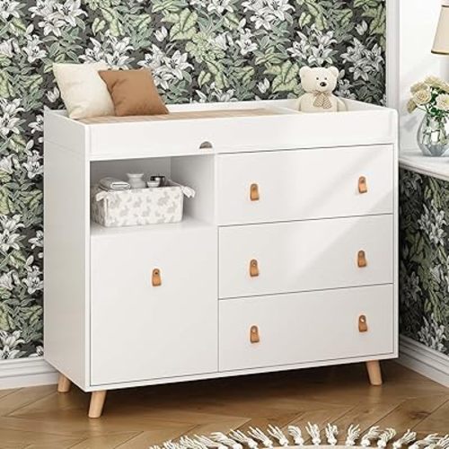 Baby Dresser Changing Table with Drawers,Shelf,Hidden Laundry Basket Storage,2 in 1 Nursery Dresser Chest for Infants, Baby Diaper Changing Station for Daycare,Bedroom,White