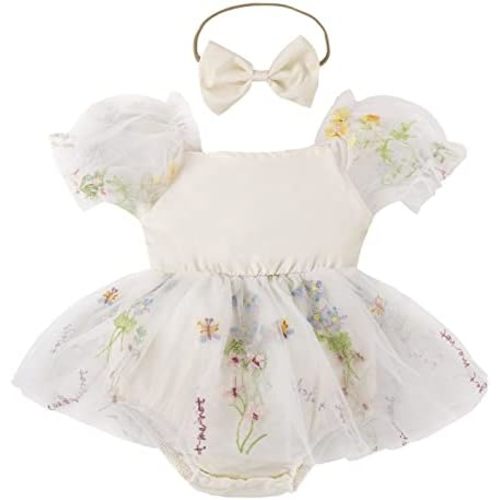 ODASDO Dresses for Baby Girls Birthday Party Newborn Princess Romper Flower Embroidery Short Sleeve Sundress with Headband