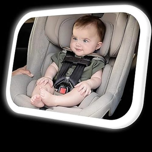 Miroir de voiture pour bébé avec lumières, miroir de sécurité pour bébé face à l'arrière avec large vue cristalline, incassable, entièrement assemblé, testé et certifié en cas de collision