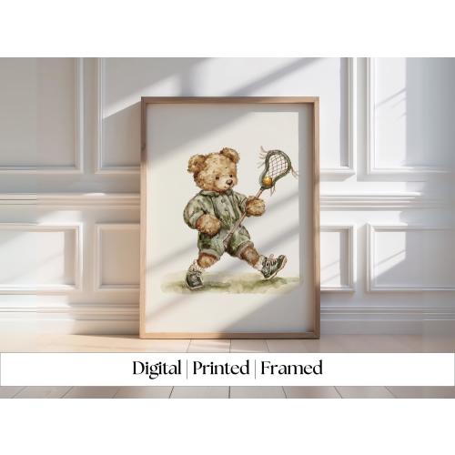 Sports Nursery Vintage Teddy Bear Lacrosse Art (Digital, Printable, Framed)