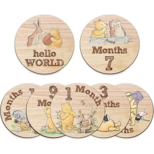 7Pcs Baby Monthly Milestone Circles, Winnie The Pooh Baby Stuff, Double-Sided Printing Months Baby Milestone Wooden Keepsake, Milestone Wooden Circles Stuff for for Documenting Growth