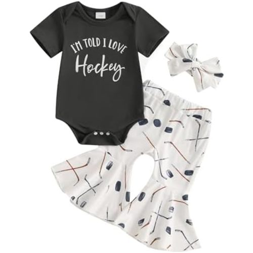 Newborn Baby Girl Hockey Clothes I'm Told I Love Hockey Romper Bell Bottom Flare Pants Set 3Pcs Infant Summer Outfits