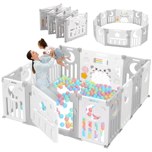 Baby Playpen, Dripex Foldable Playpen for Babies and Toddlers, Custom Shape Baby Fence, Safety Play Yard with Gate, Portable Play Area for Indoor or Outdoor, Grey White, 14 Panel