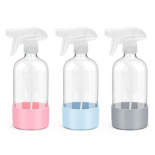 Rionisor Glass Spray Bottles with Silicone Sleeve Protection, Empty 16 oz Refillable Containers, Reusable Spray Bottles with Adjustable Nozzle for Hair, Cleaning Solutions, 3 Pack Grey&Blue&Pink