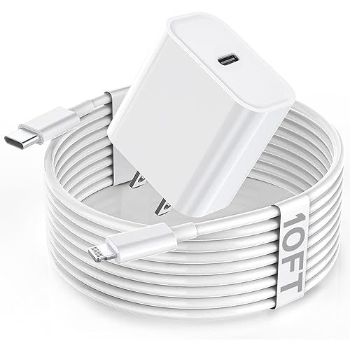Apple Fast Charger, 10FT Extra Long Fast iPhone Charger Travel Plug Adapter 20W Super Quick Apple Charging USB C Wall Charger Block with 10Foot Lightning Cable Cord for iPhone 14/13/12/11/X/XR/SE/iPad
