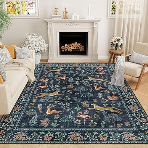 DUKINO 8x10 Rug, Washable Animal Living Room Rug with Non Slip Vintage Design, Soft Low Pile Large Carpet for Bedroom, Nursery, Dining Room, Farmhouse, Playroom, Navy Blue