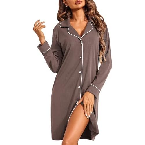 Ekouaer Womens Long Sleeve Nightgowns Button Down Sleep Shirts V-Neck Night Gowns Night Shirts