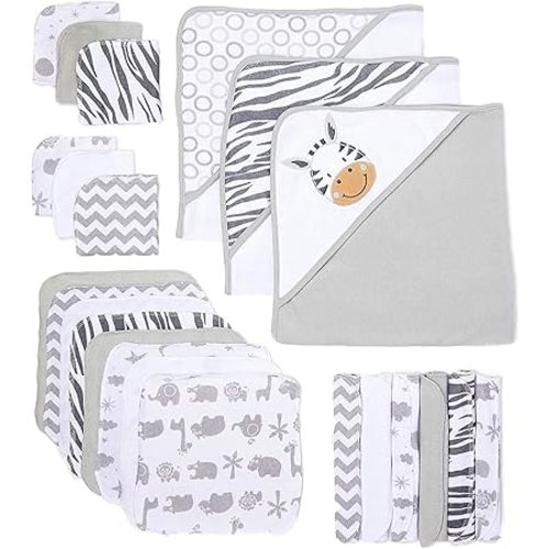Spasilk 23-Piece Soft Terry Hooded Bath Towel and Washcloth Gift Set, 3 Baby Towels and 20 Baby Washcloths for Unisex Newborn Bath Essentials, Ideal, White Zebra