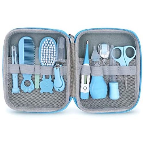 Baby Grooming Kit, 11 in 1 Portable Baby Safety Care Set with Hair Brush Comb Nail Clipper Nasal Aspirator Baby Thermometer etc for Nursery Newborn Infant Girl Boys Keep Clean(Blue)