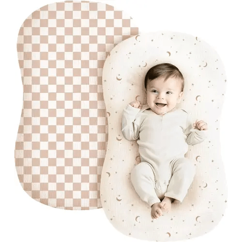 Konssy Muslin Baby Lounger Cover 2 Pack, 100% Cotton Newborn Lounger Cover, Soft and Breathable Lounger Slipcover for Boys Girls, Covers Only (Coffee Check,Moon)