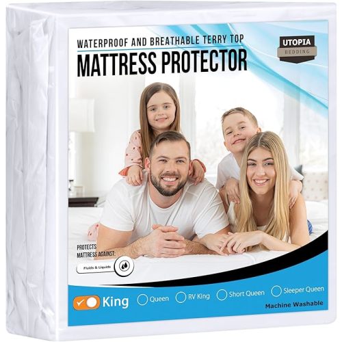 Utopia Bedding Waterproof Mattress Protector King Size, Premium Terry Mattress Cover 200 GSM, Breathable, Fitted Style with Stretchable Pockets (White)