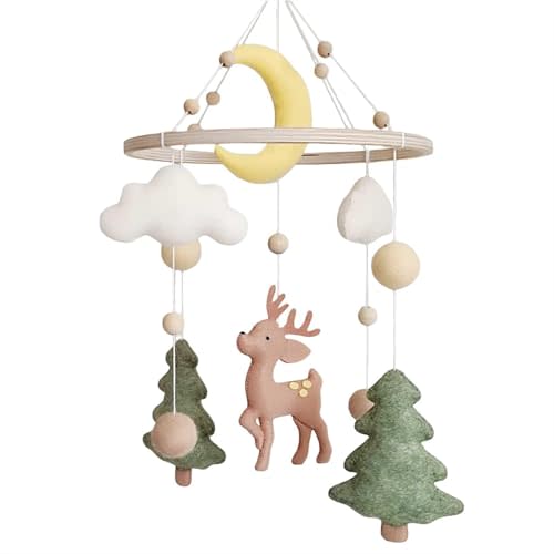Baby Mobile for Crib - A Handmade Gender Neutral Deer Forest Crib Mobile with Felt Clouds and Trees for Jungle Theme Nursery
