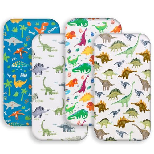 4 Pack Baby Boy Bassinet Sheets Set Soft Fitted Baby Boy Mattress Covers Construction Truck or Dinosaur Theme Breathable Toddler Sheets for Infant Boys (Dinosaur, Bassinet Sheets)