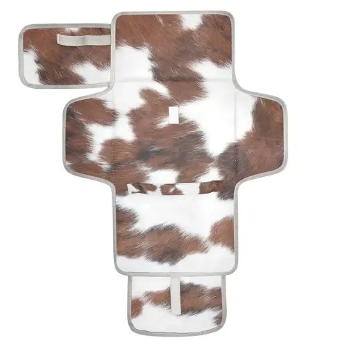 White Brown Print Cow Baby Changing Pad - Waterproof Diaper Changing Pad with Built-in Pillow - Portable Travel Changing Mat for Newborn Girl & Boy