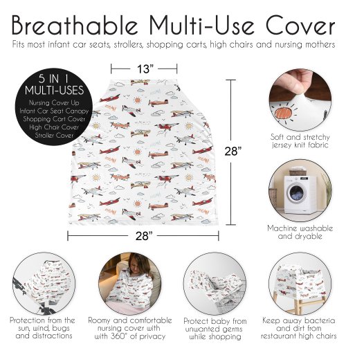 Sweet Jojo Designs Vintage Airplane Boy 5 in 1 Baby Car Seat and Nursing Cover Yellow Orange Red White Blue Transportation Cloud