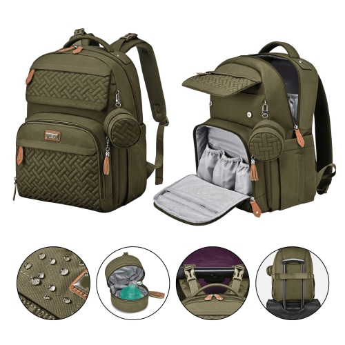 BabbleRoo Diaper Bag Backpack, Travel Backpack with Changing Pad, Pacifier Case & Stroller Straps, Waterproof, Unisex – Army Green
