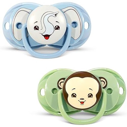 RaZbaby Keep-it-kleen Baby Pacifier (2PK) | 0-36m | Closes When Dropped, Nipple Stays Clean | Silicone Orthodontic Nipple (Monkey/Elephant)