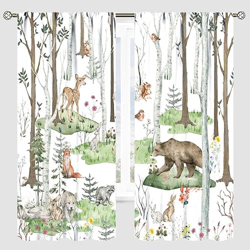 YCness Woodland Animals Curtains, Wild Animals Watercolor Forest Bear Deer Fox Rabbit Floral Nature Window Treatments for Bedroom Kitchen Nursery Living Room Drapes, 42x45 Inch