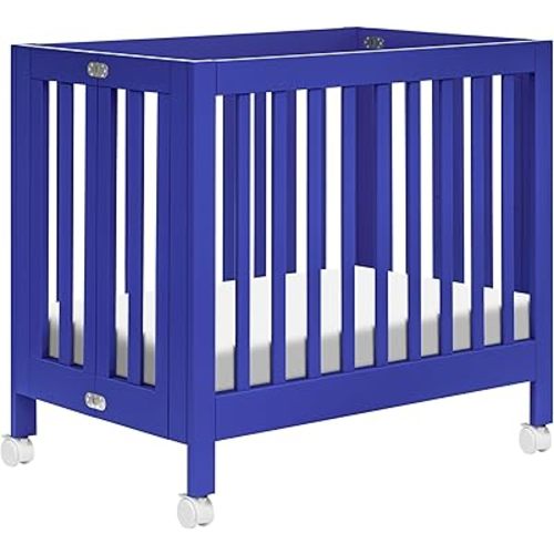 Babyletto Origami Mini Portable Crib Folding with Wheels in Cobalt, 2 Adjustable Mattress Positions, Greenguard Gold Certified