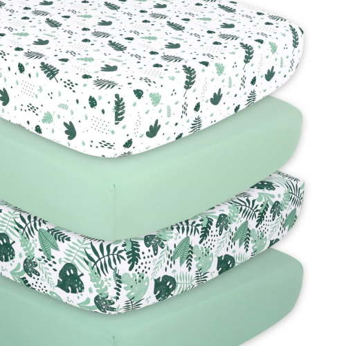 Peanutshell 4-Pack Fitted Crib Sheets, Green Botanical Leaf Design for Boys or Girls