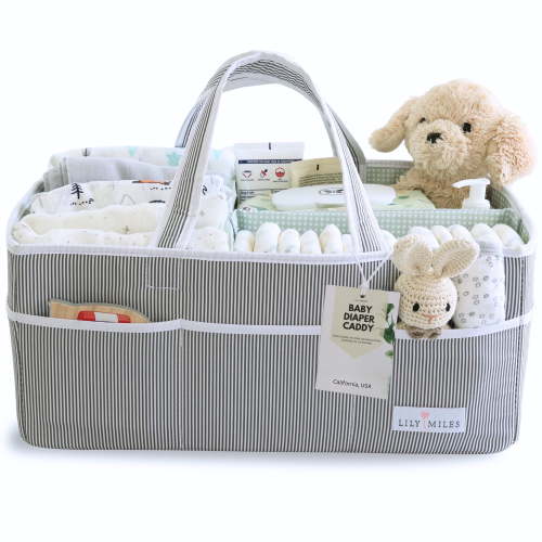 Lily Miles Extra Large Baby Diaper Caddy Organizer for Changing Table or Car - Unisex Baby Shower Basket (Gray/Mint)