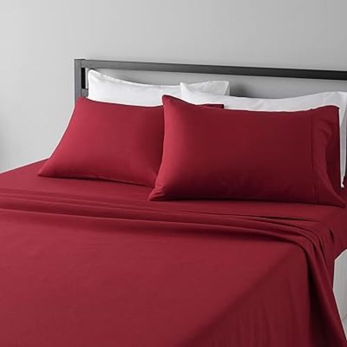 Amazon Basics Lightweight Super Soft Easy Care Microfiber 4 Piece Bed Sheet Set with 14-Inch Deep Pockets, Comfortable Queen, Burgundy, Solid