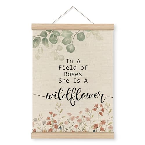 MAQIKA She is a Wildflower Poster Framed With Wood Hanger, Wildflower Nursery Decor, Inspirational Quotes Hanging Wall Decor, Floral Nursery Canvas Wall Art Paints for Baby Girls Room 12x16 Inch