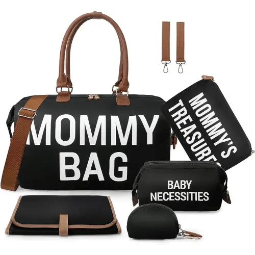 printe 6pcs Large Diaper Bag Tote with Changing Pad & 2 Organized Pouches, Mom's Bag for Hospital with Pacifier Case, Straps, Stroller Hook, Baby Diaper Bag for Weekender Travel