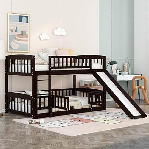 Bellemave Twin Over Twin Low Bunk Bed with Slide and Fence Railings Wood Floor Bunk Beds with Ladder for Kids Boys Girls Teens, Espresso