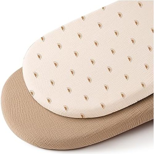Konssy Muslin Bassinet Sheets for Baby Girl Boy, 2 Pack Soft Breathable Baby Bassinet Mattress Sheets Fit for Hourglass Oval Cradle, Moses Basket Rectangle Mattress (Camel, Sun)