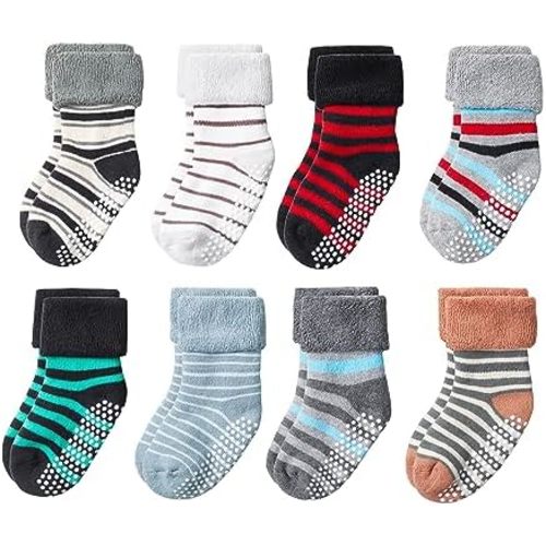 VWU Baby Toddler Kids Ankle Crew Socks with Grips Unisex Warm Thick Cotton Winter Socks 0-10 Years 6/8 Pack