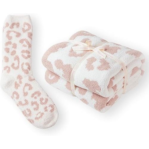 Leopard Throw Blanket+Fuzzy Socks for Women,Super Soft Microfiber Blanket Cute Plush Blanket,Reversible Cheetah Throw Blanket-Rose Pink/White